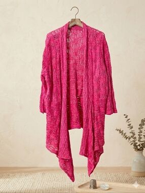 Woman Within 22/24 1X Magenta Pink Open Front Pointelle Knit Duster Cardigan